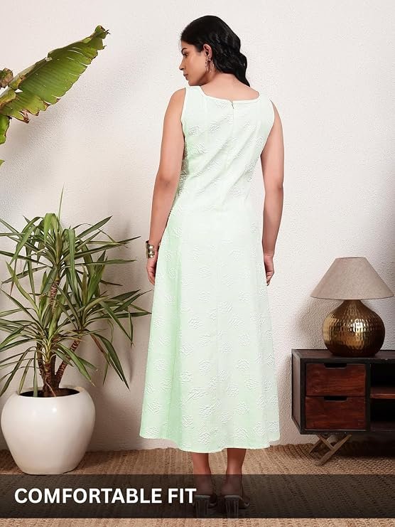 Leriya Fashion Women’s Jacquard Sleeveless Maxi Dress | Round Neck A-Line Long Dress for Party - Image 2