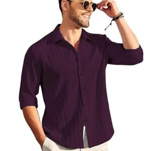 EELMO Men's Casual Button Down Shirts Long Sleeve Linen Shirt Fashion Textured  Shirt