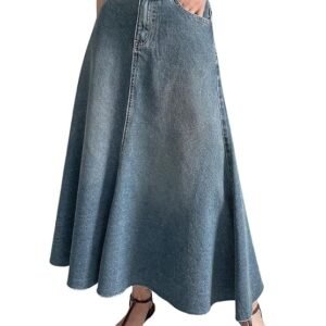 GRECIILOOKS Women's High Waist White Denim Skirt with Front Slit – Long Maxi Jean Skirt Casual Fashion